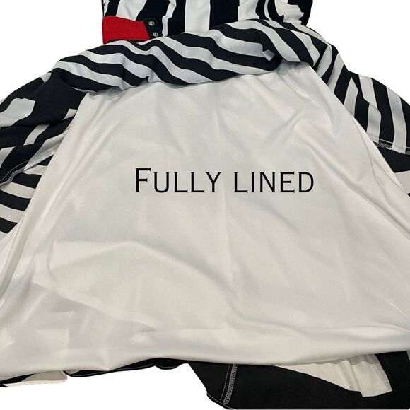Danny & Nicole Black and White Asymmetrical Midi Dress w/ Red Snap Stretch Belt - Picture 11 of 14